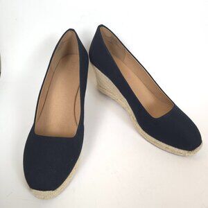 J.Crew Espadrille Wedge Shoes Black Cream Canvas Rope Heel Womens Size 12